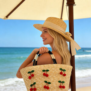 Cherry Blossom Raffia Tote Bag