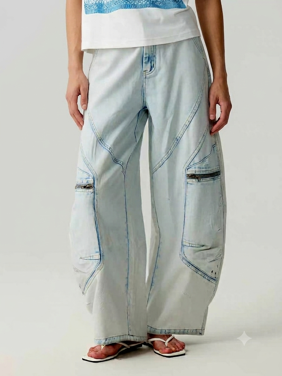 Acid Wash Curved Cargo Jeans