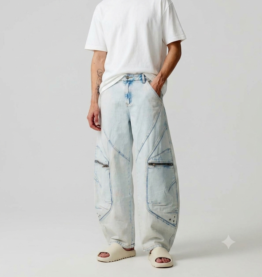 Acid Wash Curved Cargo Jeans - Image 2