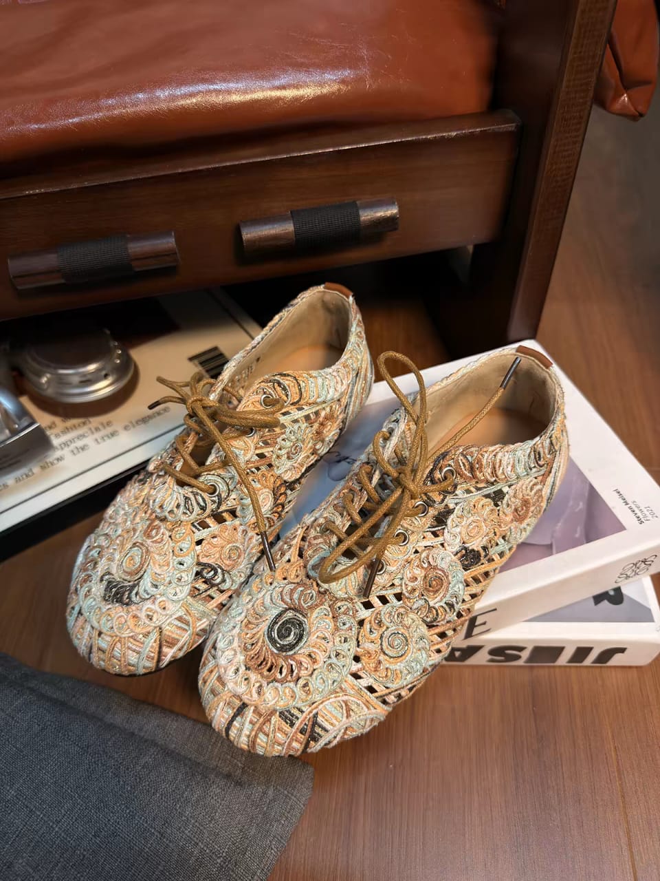 Intricately Woven Embroidered Leather Lace-Up Flats