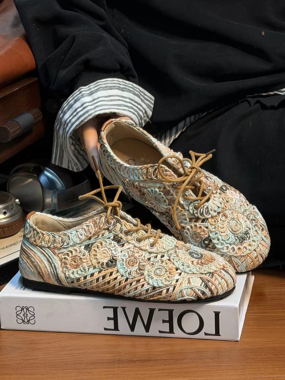 Intricately Woven Embroidered Leather Lace-Up Flats - Image 4