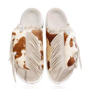 Fringe Cow-Print Leather Slides