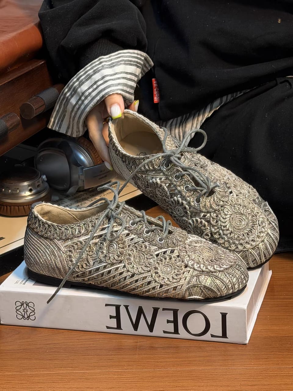 Intricately Woven Embroidered Leather Lace-Up Flats - Image 5