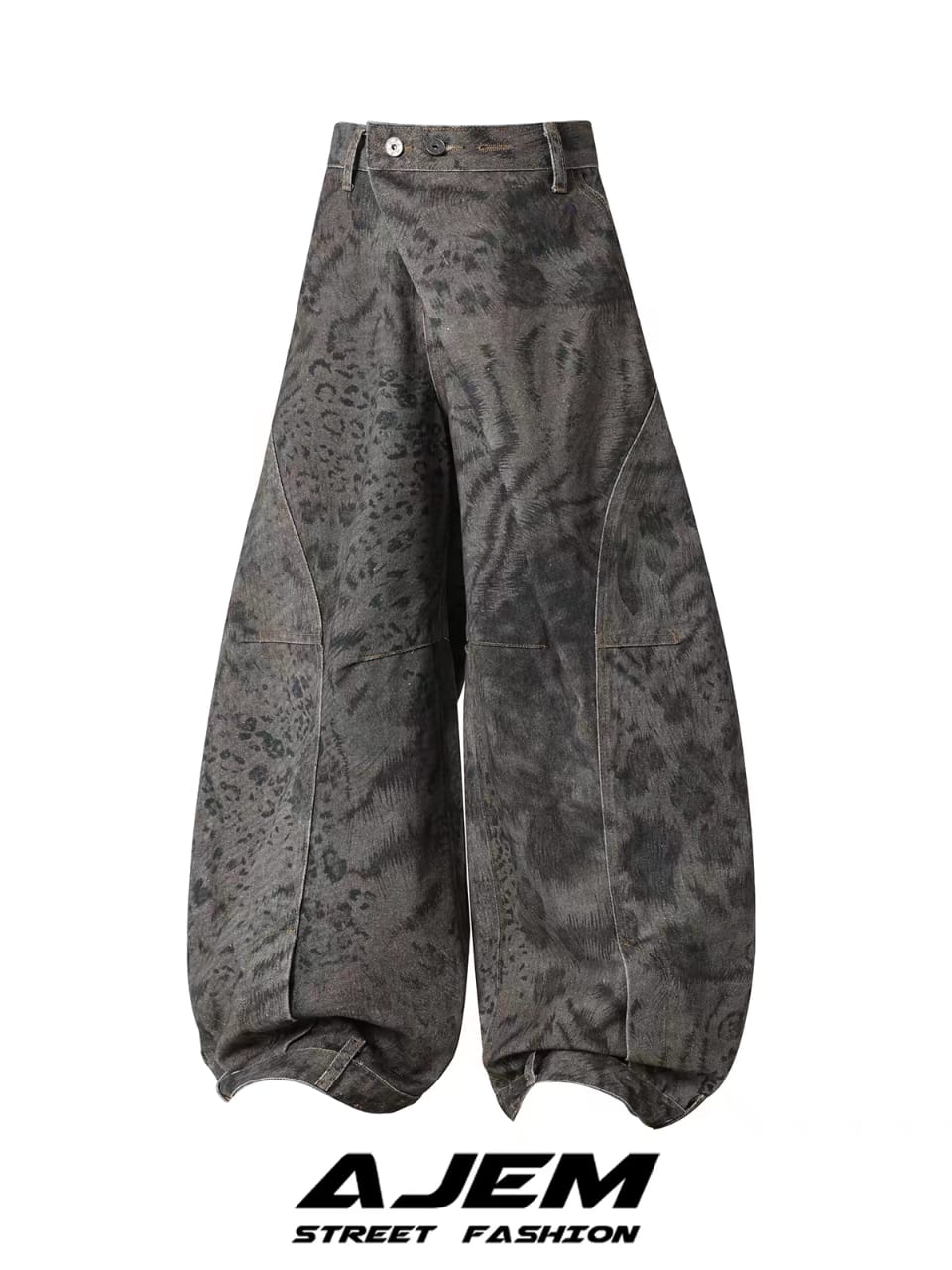 Washed Animal Print Asymmetric Balloon Jeans - Image 2