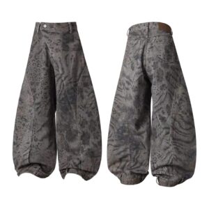 Washed Animal Print Asymmetric Balloon Jeans
