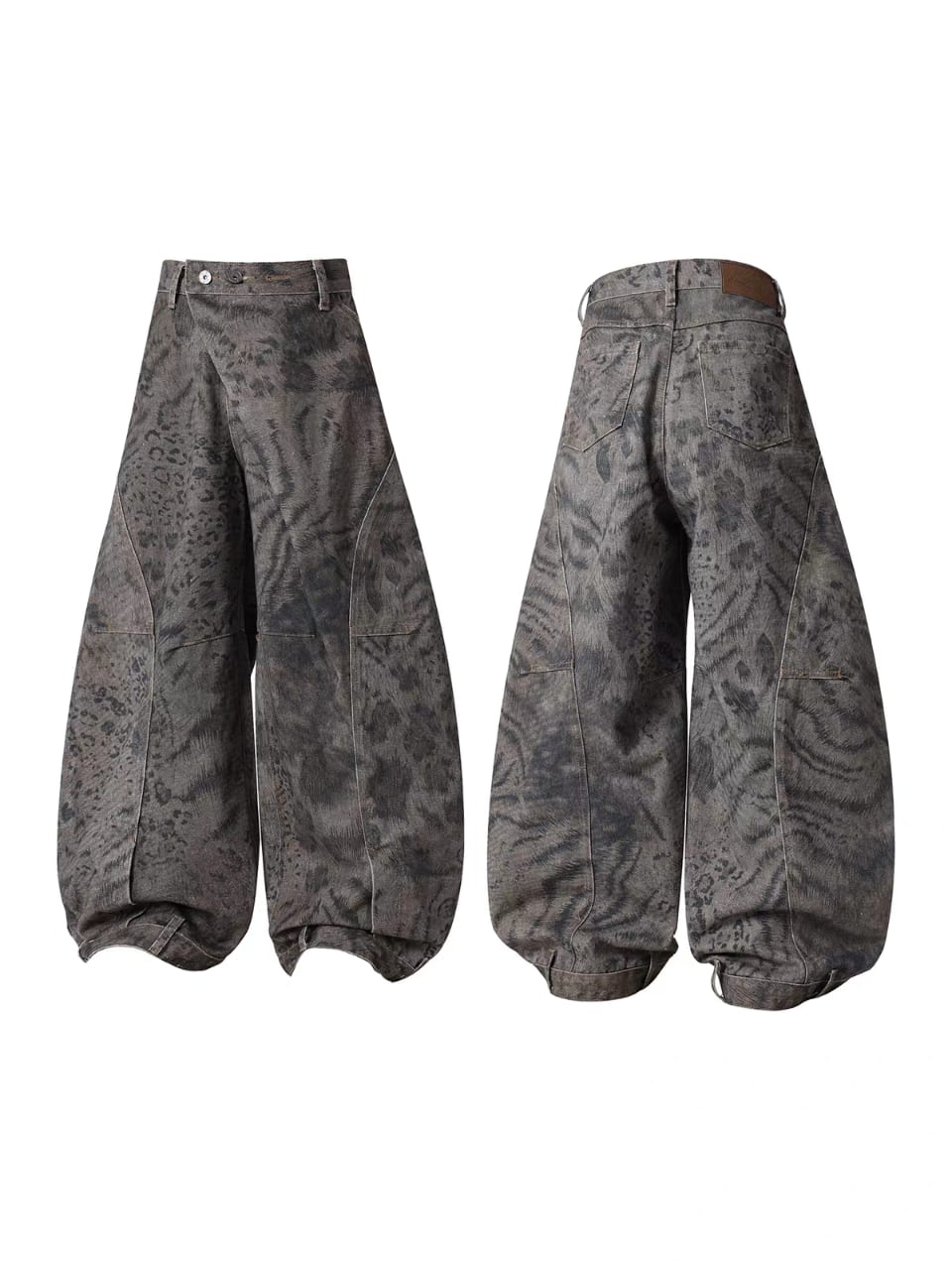 Washed Animal Print Asymmetric Balloon Jeans