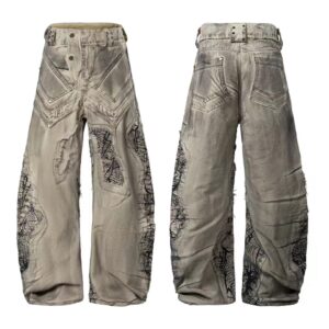 Distressed Webbing Wide-Leg Denim