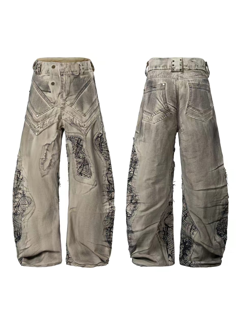 Distressed Webbing Wide-Leg Denim