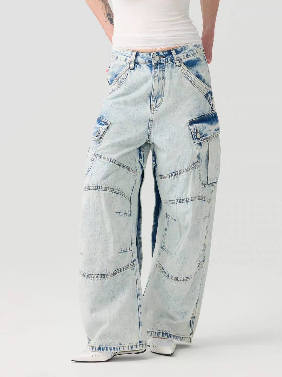 Acid Wash Utility Wide-Leg Cargo Jeans