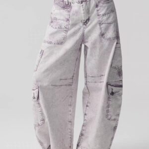 Acid Wash Barrel-Leg Cargo Jeans – Soft Lilac / Muted Purple