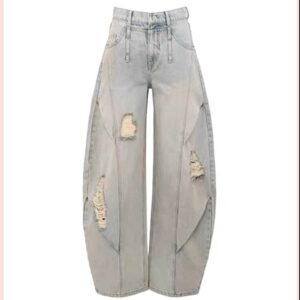 Distressed Light Wash Barrel Leg Jeans