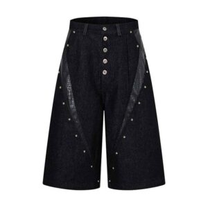 Gothic Croc-Embossed Studded Denim Jorts