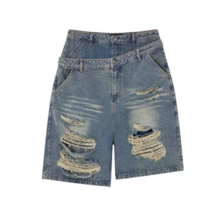 Double-Waistband Distressed Denim Bermuda Shorts