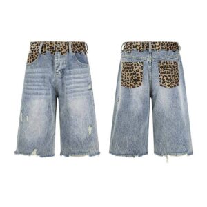 Leopard Contrast Distressed Denim Bermudas