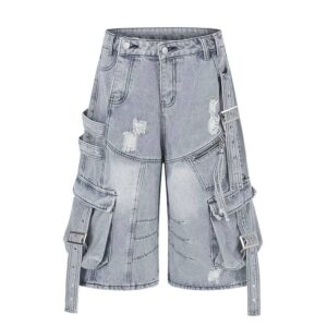 Distressed Buckled Utility Denim Jorts – Light Wash