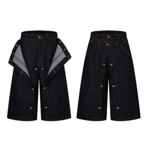 Convertible Layered Wide-Leg Denim Shorts – Dark Indigo
